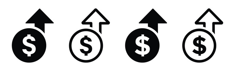 Dollar rate increase vector icon set. Rise cost vector illustration. Business money cash increase signs
