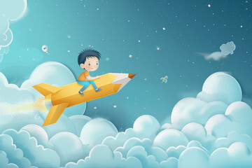 Flat design illustration of a child riding a big pencil rocket flying in a cloudy sky. Back to school and education concept.