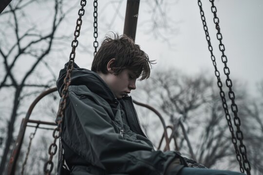 A teenager sits alone on a swing in a desolate park, reflecting a somber mood