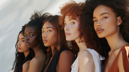 Obraz premium A group of diverse women lined up side by side, each looking ahead with a strong, determined expression, emphasizing unity and empowerment.
