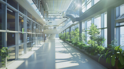 A contemporary office corridor, flooded with natural light, features lush green plants lining the glass windows, adding a touch of nature to the modern interior.