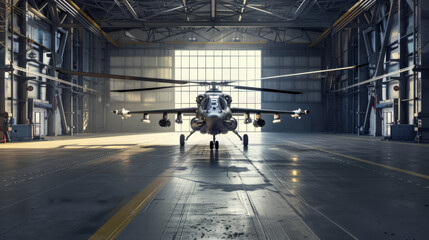 A formidable military helicopter is stationed inside a spacious hangar, illuminated by soft natural light streaming through large windows.