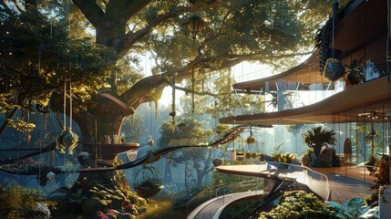 Fototapeta premium A futuristic treehouse with a sleek, glass design, suspended walkways, and a garden with hanging plants and treetop views.