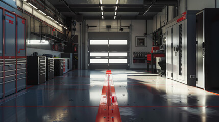 A spacious, tidy, and well-organized garage workshop bathed in natural light, showcasing tools and equipment in perfect order.