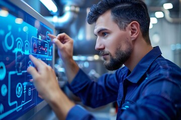 Close-up of beautiful male plumber with well-groomed beard adjusting a holographic display showing water flow levels in a futuristic smart sink.