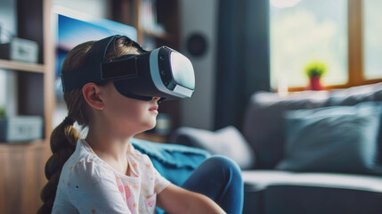 A young girl immersed in a virtual reality experience, wearing VR goggles in a cozy living room, capturing the excitement of digital exploration.