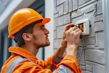Close-up Of Young Male Electrician Utilizing AI Technology to Install Advanced Security System Door Sensor on Wall.