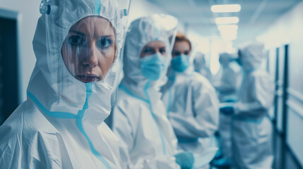 Lab technicians in full protective gear stand focused in a brightly lit corridor, emphasizing a clinical and dedicated atmosphere.