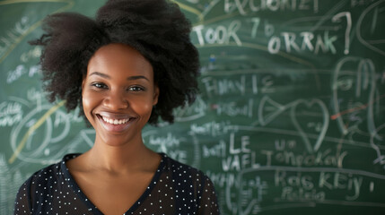 A joyful woman with a radiant smile stands confidently in front of a chaotic chalkboard filled with equations and doodles in a classroom.
