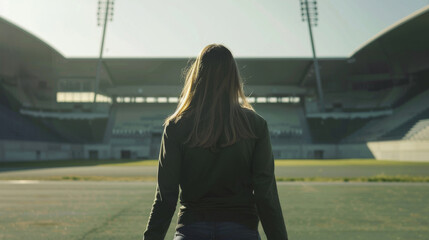 A lone woman stands in the shadow of an empty stadium, the morning light hinting at new beginnings.