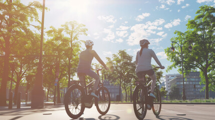 Obraz premium Two friends enjoy a sunny day, cycling through a lush, green park with blue skies and fluffy clouds overhead.