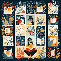 A woman is reading a book in a garden. The book is open to a page with a flower on it. The woman is wearing glasses and is sitting on the ground. The garden is filled with various flowers and plants