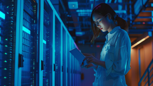 A young woman in a white lab coat examines a tablet in a blue-illuminated server room, symbolizing precision and high-tech environment.