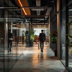 Obraz premium Office man walking through a modern open office space, office environment, mobility and modernity