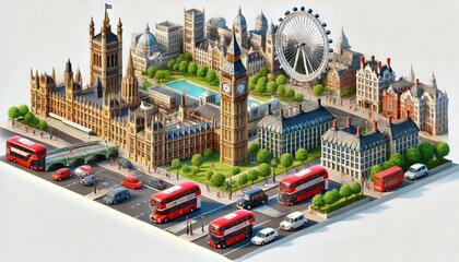 An isometric 3D scene of London featuring Big Ben prominently. The scene includes iconic elements such as the Houses of Parliament, the London Eye
