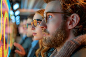 Fototapeta premium group of beautiful people wearing eyeglasses and a well-groomed beard, using holographic screens and AI to analyze the thermal efficiency of a futuristic smart home.