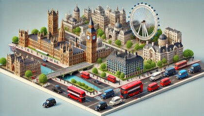 An isometric 3D scene of London featuring Big Ben prominently. The scene includes iconic elements such as the Houses of Parliament, the London Eye
