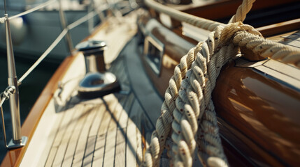 Thick ropes neatly arranged on a polished wooden yacht deck, with clean lines and chromed fixtures.