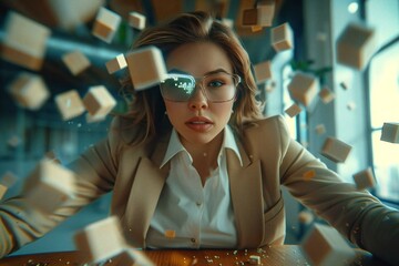 beautiful female executive, wearing sleek eyeglasses, uses AI-powered holographic screens to stop falling blocks and demonstrate futuristic risk management strategies on a wooden table.