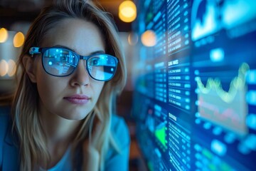 Beautiful businesswoman with eyeglasses and holographic screens, using AI to analyze credit score on futuristic computer in modern office setting.