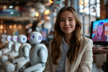 diverse team of AI robots assisting beautiful businesswoman in virtual reality job interviews using holographic screens in a futuristic office setting.