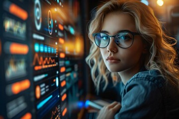 Beautiful woman with eyeglasses working on holographic laptop with AI integration in futuristic office setting.