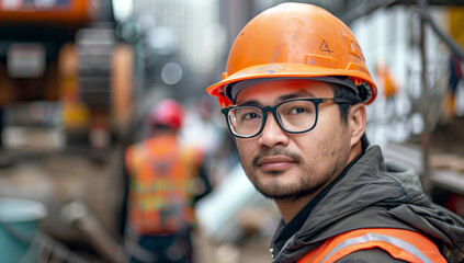 Close-up of an engineer wearing orange sweater and safety-hat standing in front of the construction site. Generative AI.