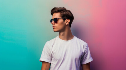 Obraz premium A stylish man in a white t-shirt and shades striking a casual pose against a colorful pastel background, exuding cool and confidence.