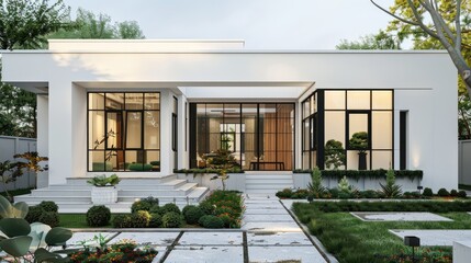 Fototapeta premium A minimalist home with a white facade, black-framed windows, and a front yard featuring geometric landscaping designs.