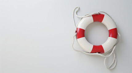 Red and white life buoy on a plain white surface, symbolizing safety and emergency preparedness.