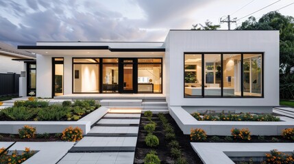 A minimalist home with a white facade, black-framed windows, and a front yard featuring geometric landscaping designs.