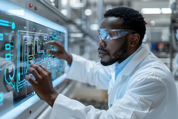 African American male plumber using holographic screen to troubleshoot sink pipe in futuristic kitchen.