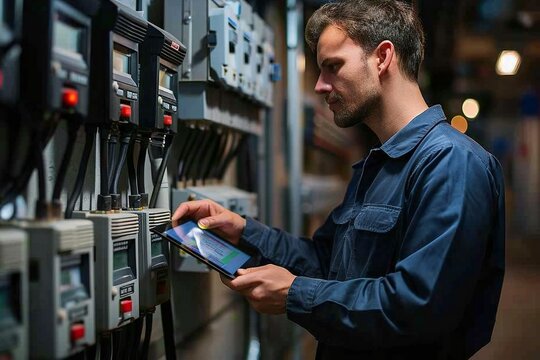 Handsome technician using a holographic tablet to read electric meters in a futuristic smart home. - Powered by Adobe