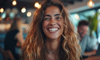 Obraz premium Happy businesspeople laughing in an office during meeting
