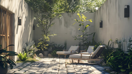 A sunlit, secluded courtyard garden features lounge chairs among lush greenery, creating an inviting, peaceful retreat.