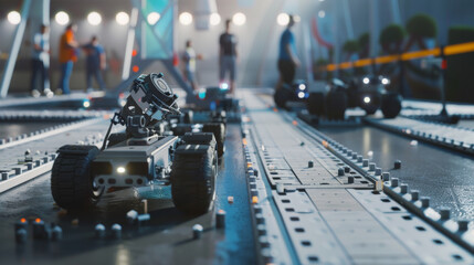 An engaging image of small robotic vehicles maneuvering on a track amid blurred human spectators, highlighting advancements in robotics and interactive technology.