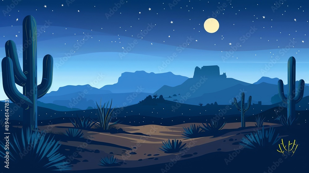 Canvas Prints A cartoon illustration of a desert landscape at night with a full moon and cacti.