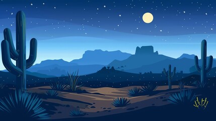 Naklejka premium A cartoon illustration of a desert landscape at night with a full moon and cacti.