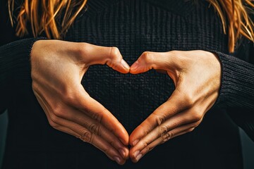 Obraz premium Hands form heart shape on dark background, symbol of love and co