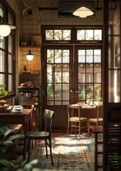 Fototapeta premium Eclectic Korean Inspired Cafe with Artisanal Coffee Sweet Desserts and Cozy Vintage Ambiance