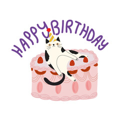 Happy birthday concept. Vector cute cat in birthday hat. Birthday cake with strawberry and candles, gift, inflatable colored balls. Hand drawn inscription