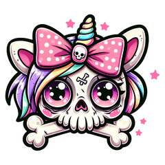Obraz premium Creepy Cute Unicorn Skull with Pink Hair and Bow