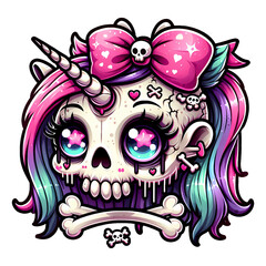 Fototapeta premium Creepy Cute Unicorn Skull with Pink Hair and Bow