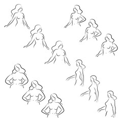 Collection. Silhouette of a beautiful female figure. The lady is standing. The girl is thin, slender, and the woman is fat. Set of vector illustrations