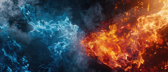 Fototapeta premium The right side of the picture is fire, and on one it has flames that glow in red color, while the left part shows clouds with blue hues
