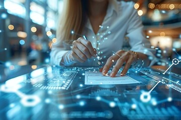 Close-up of a beautiful businesswoman's hand using artificial intelligence to digitally sign a holographic small business loan application form on a futuristic tablet.