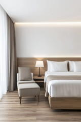 Modern hotel room interiors in neutral colors with a bed placed next to a large window. Commercial interior design composition.