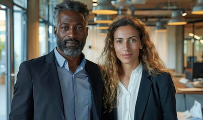 Portrait of two business people standing in an office