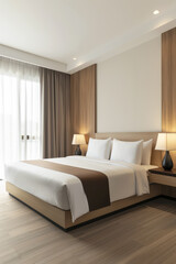 Obraz premium Modern hotel room interiors in neutral colors with a bed placed next to a large window. Commercial interior design composition.
