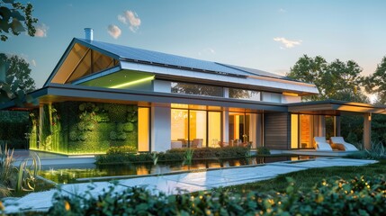 Fototapeta premium A modern, eco-friendly home with solar panels on the roof, a green wall, and a serene water feature in the front yard.